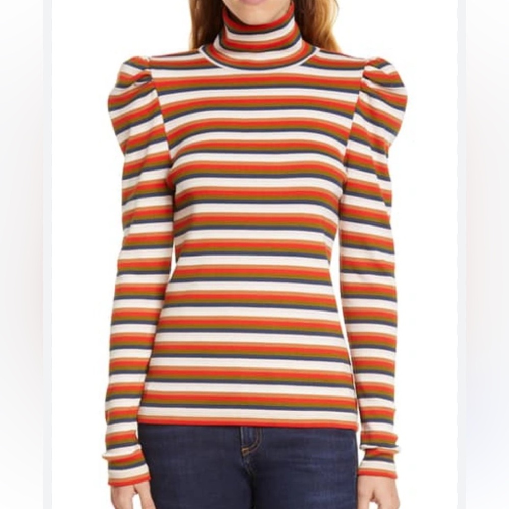 Veronica Beard Jeans Women’s Cedar Multi Striped Ribbed Turtleneck XS Shirt Top